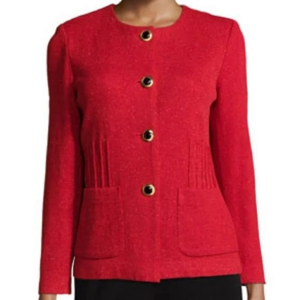 Misook Sparkly Mid-Hip Knit Blazer Pockets - Red - XL*